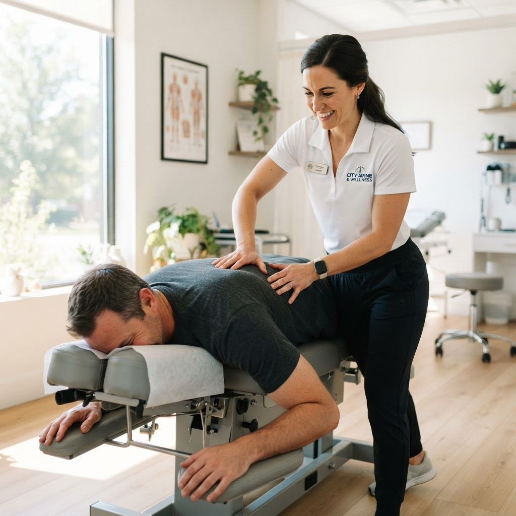 Chiropractor providing expert spinal adjustment to a patient in a bright modern clinic